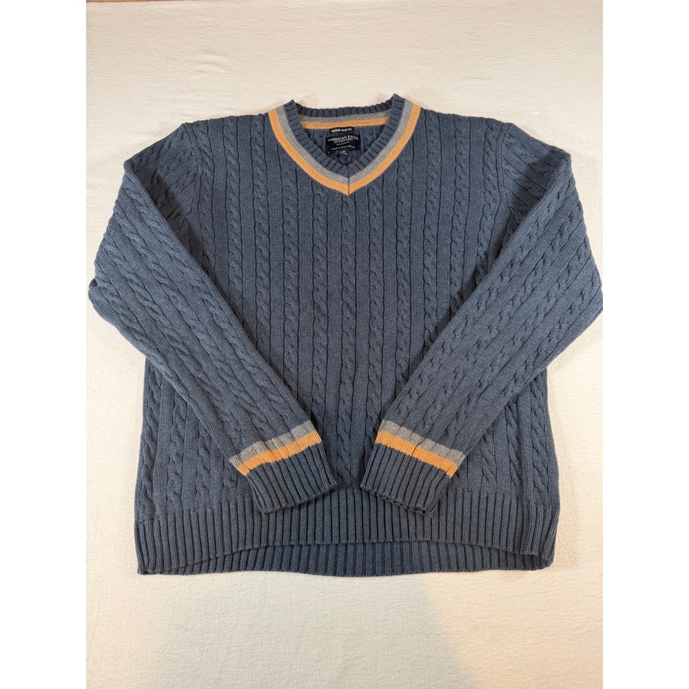American Eagle Outfitters Mens Blue Cable Knit V-Neck Sweater Vintage Slim Fit L